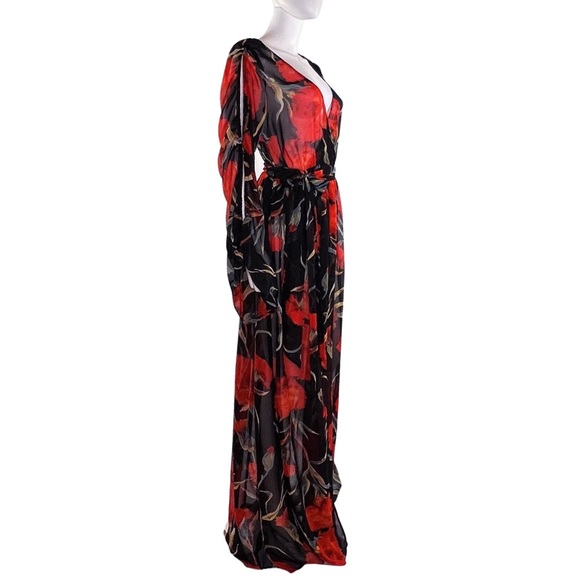 Fashion Nova | Sheer Floral Long Sleeve Surplice Maxi Dress w/ Bodysuit | Size L - Picture 3 of 7